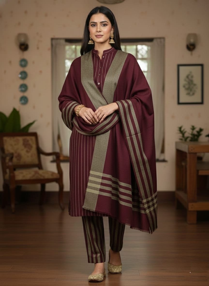 Maroon & Olive β Multani Sussi 3-Piece Striped Suit