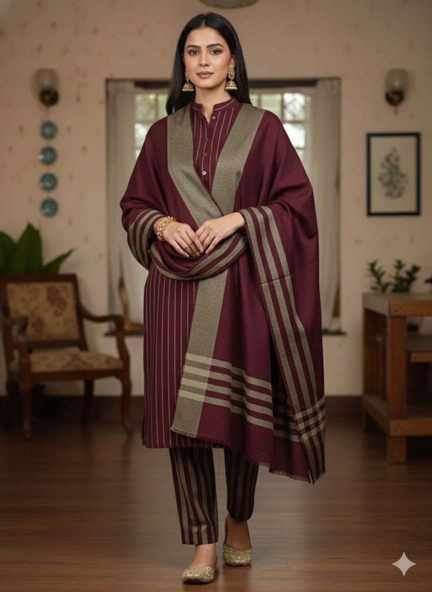 Maroon & Grey β Multani Sussi 3-Piece Striped Suit