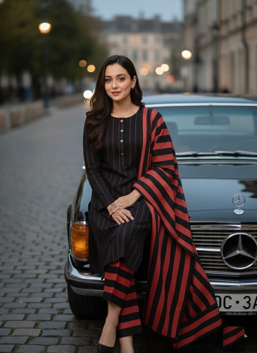 Black & Red β Multani Sussi 3-Piece Striped Suit