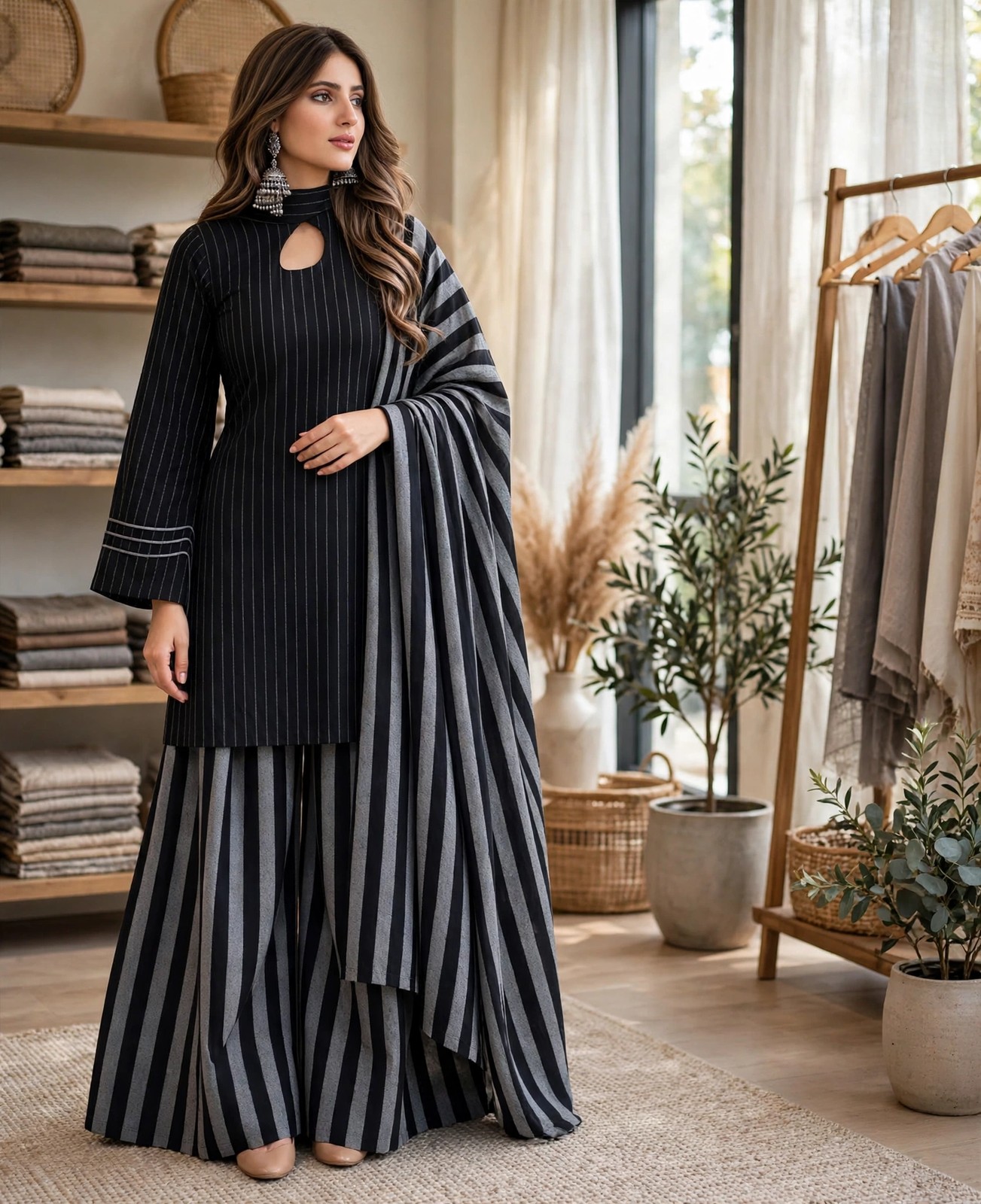 Black & Grey β Multani Sussi 3-Piece Striped Suit