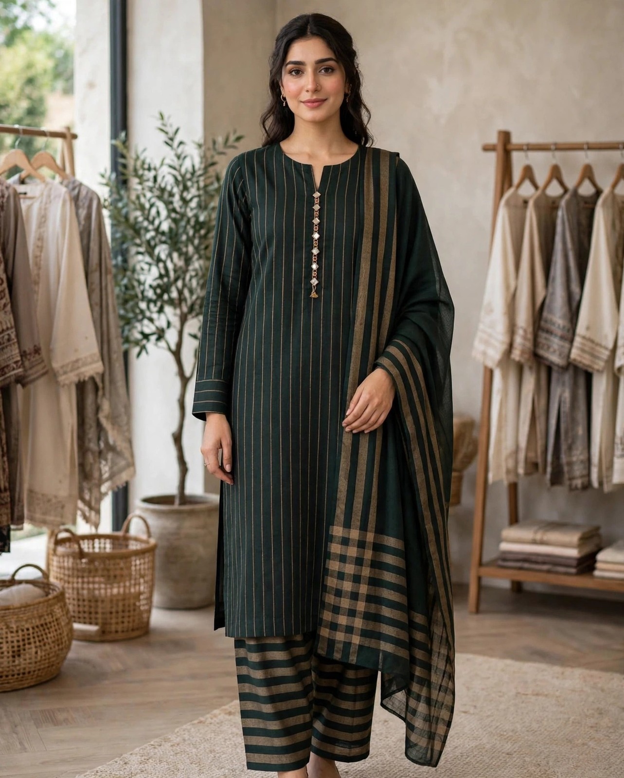 Green & Bronze β Multani Sussi 3-Piece Striped Suit