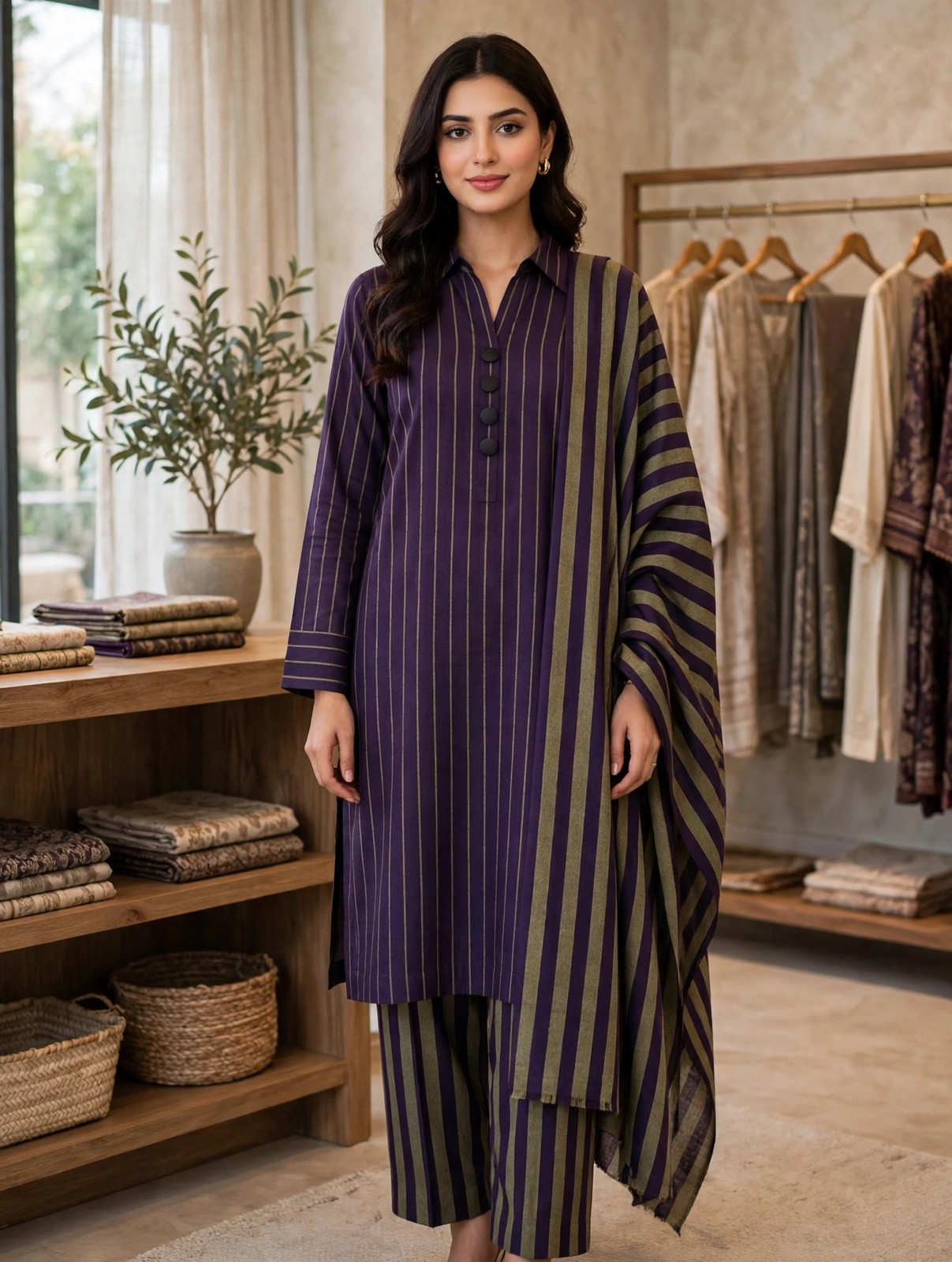 Purple & Olive β Multani Sussi 3-Piece Striped Suit