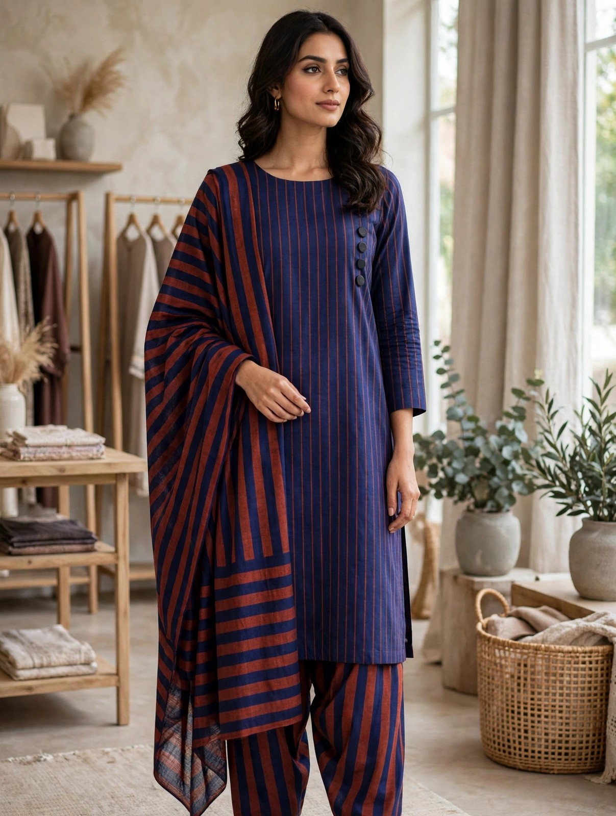Navy & Rust β Multani Sussi 3-Piece Striped Suit