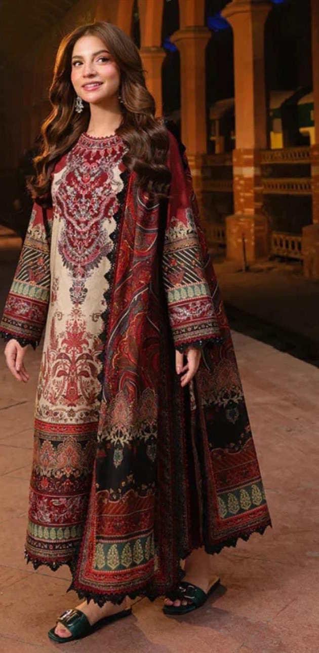 Cream Maroon Paisley β Khaddar 3-Piece Suit
