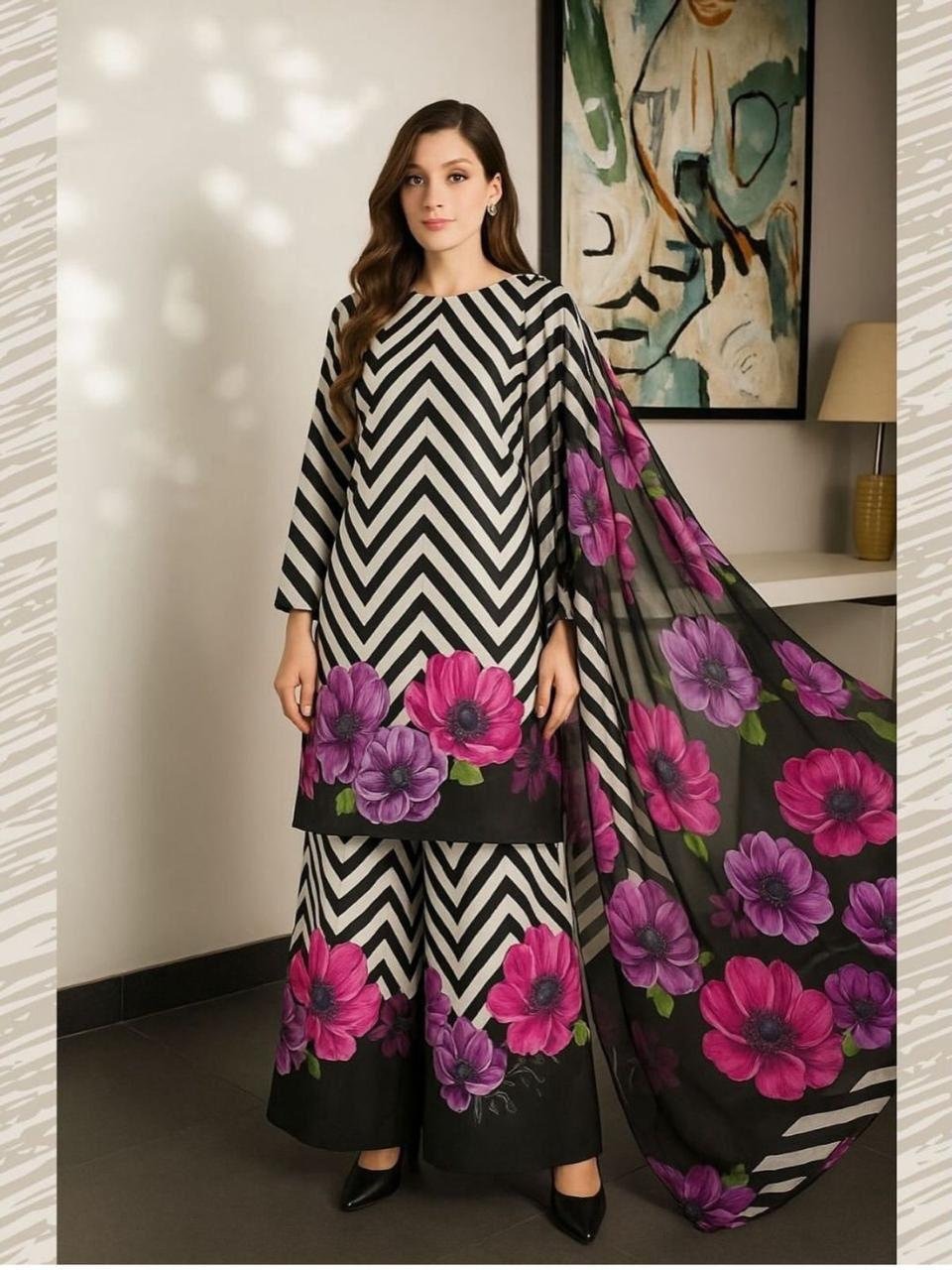 Black Chevron Bloom β Khaddar 3-Piece Suit