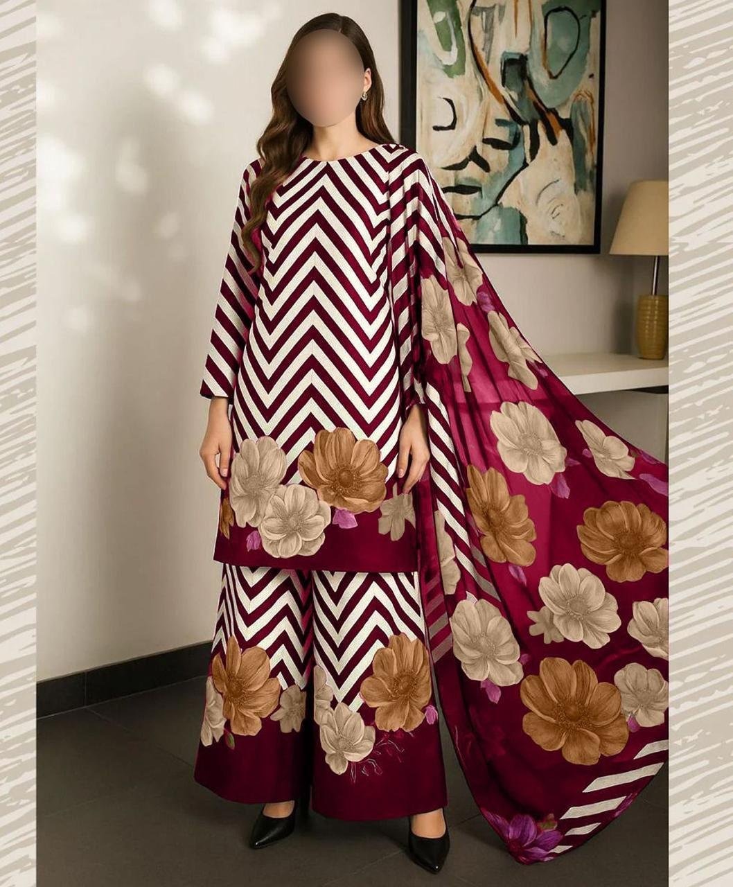 Maroon Chevron Bloom β Khaddar 3-Piece Suit